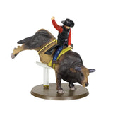Sweet Pro's Bruiser rodeo figurine with rider, bull, bull rope, and stand