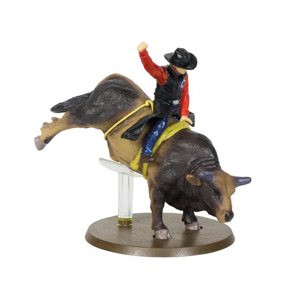 Sweet Pro's Bruiser rodeo figurine with rider, bull, bull rope, and stand