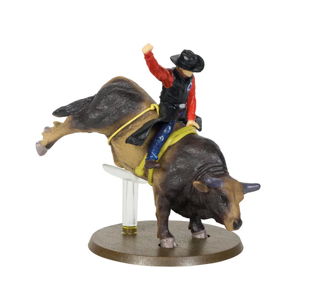 Sweet Pro's Bruiser rodeo figurine with rider, bull, bull rope, and stand