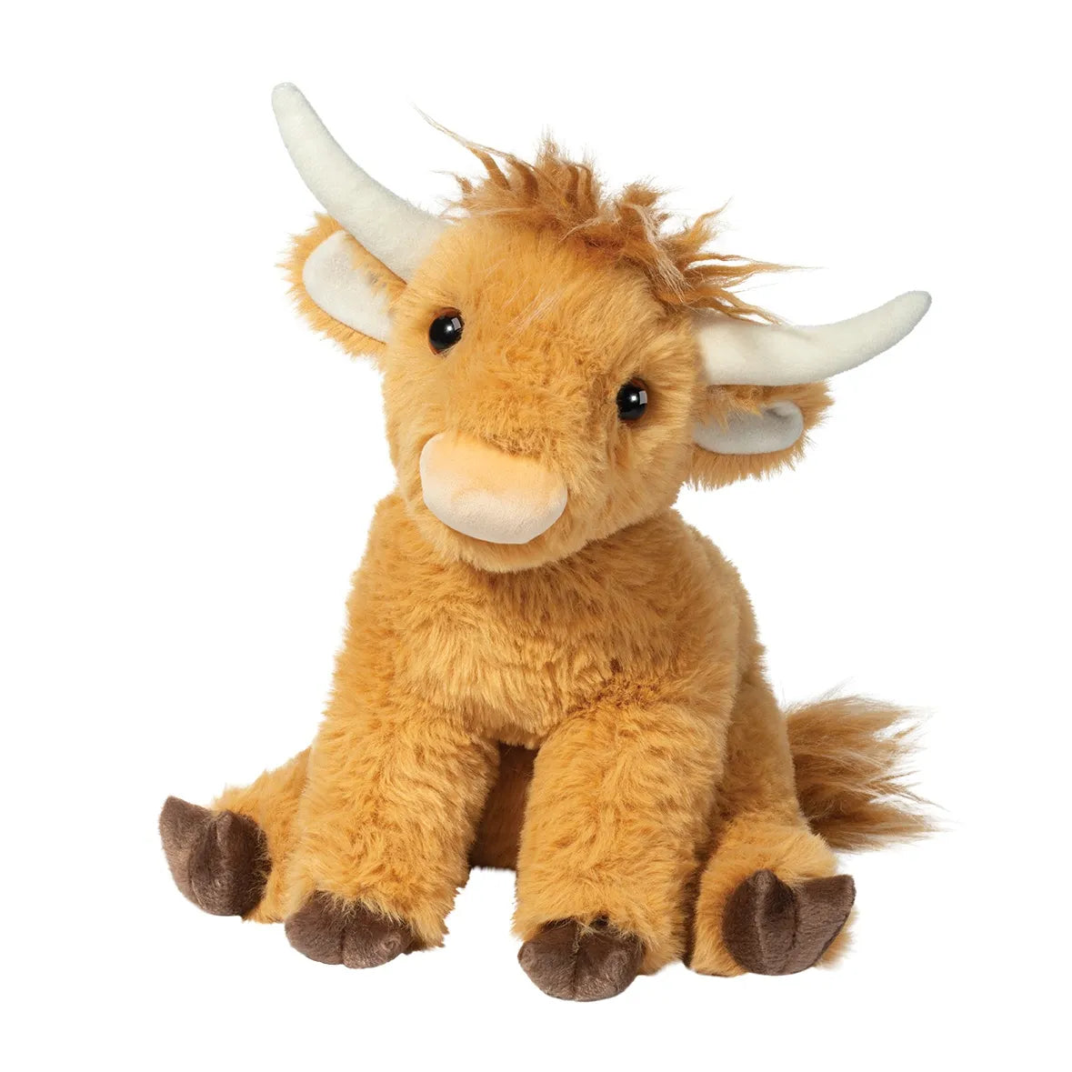 Scottie soft Highland Cow plush with shaggy reddish hair and floppy body, 18cm long