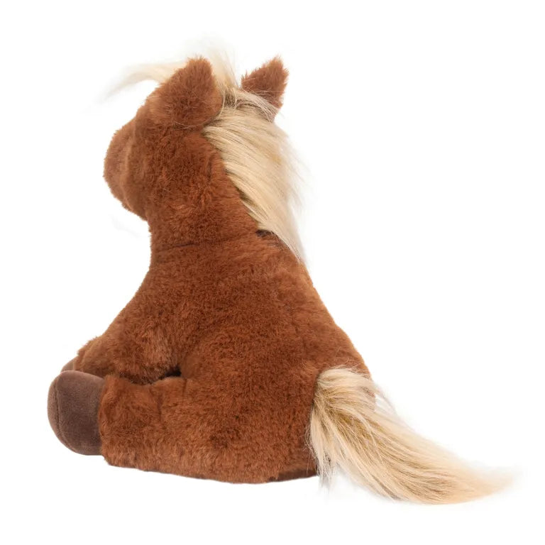 Nellie soft horse plush close-up showing floppy ears, yarn mane and stitched nose detail