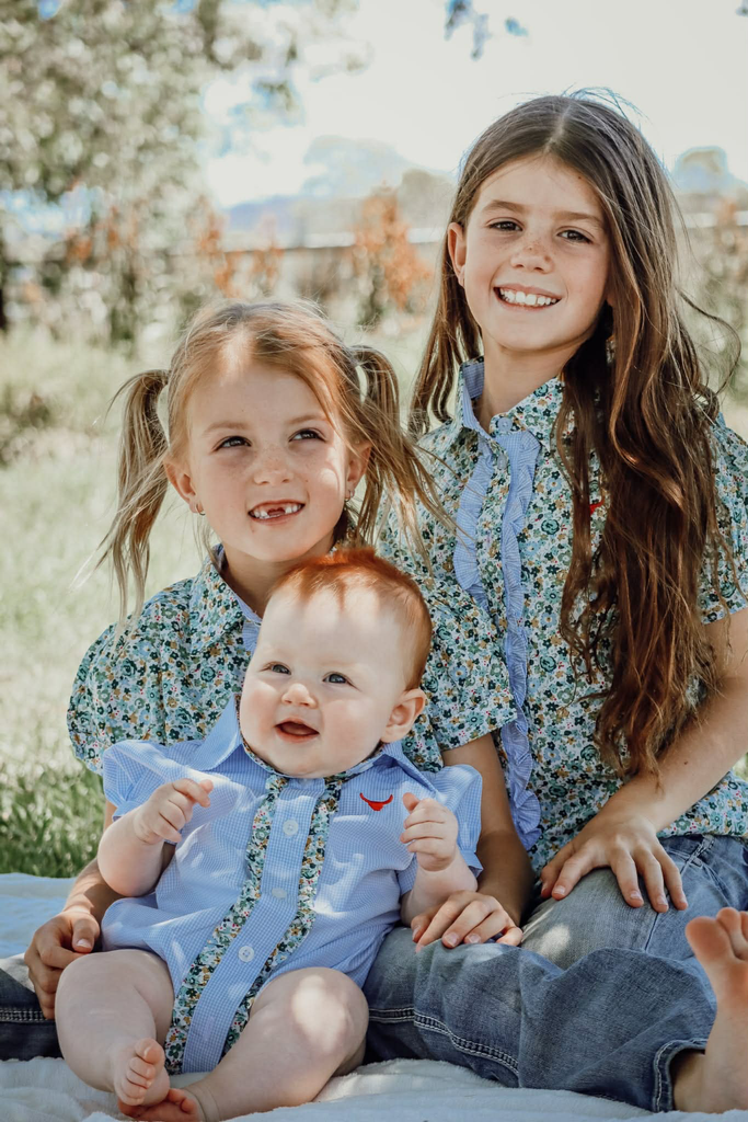 "Dasha" Soft Baby Blue gingham Short Sleeve Romper-Little Windmill Clothing Co