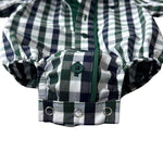 Cody green and navy gingham long sleeve romper collar detail showing neat neckline finish