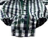 Cody green and navy gingham long sleeve romper collar detail showing neat neckline finish