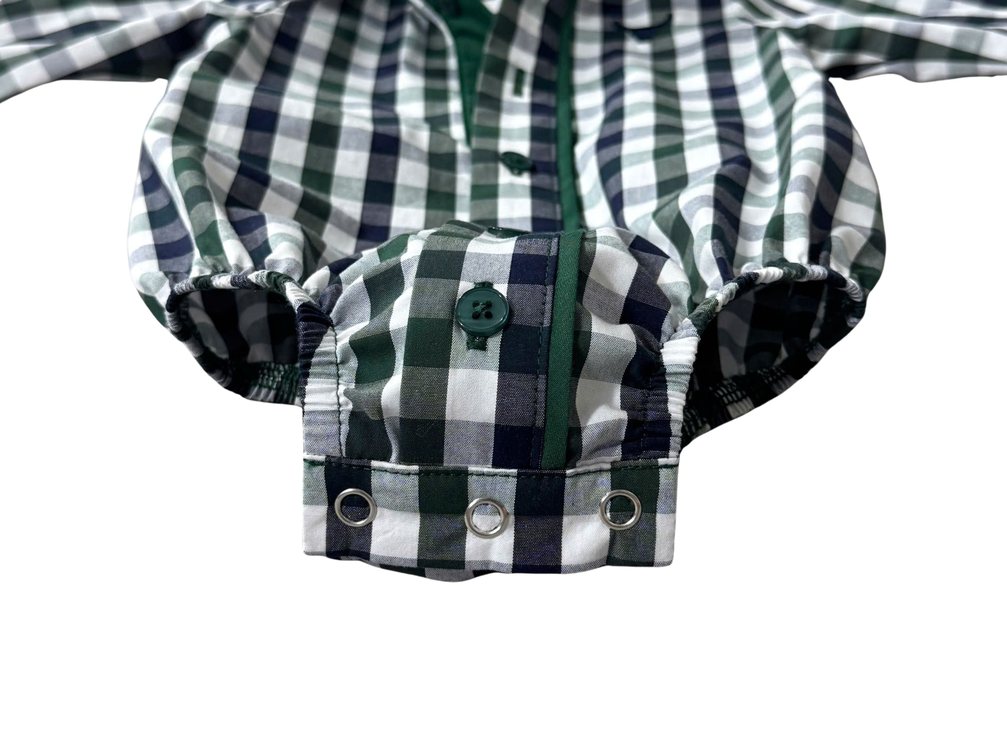Cody green and navy gingham long sleeve romper collar detail showing neat neckline finish