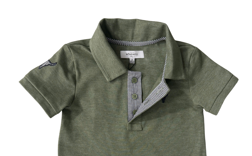 "Ky Baby" Khaki Green Baby Polo Romper-Little Windmill Clothing Co