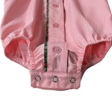 Chloe coral gingham long sleeve romper fabric close-up showing quality coral gingham cotton