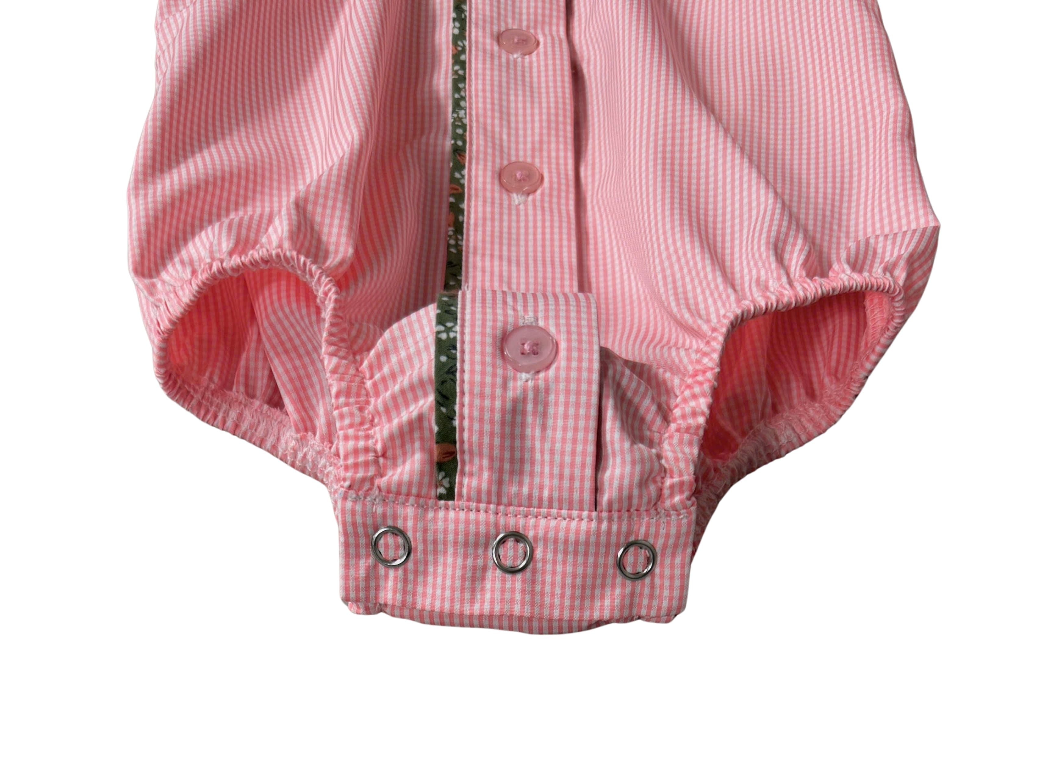 Chloe coral gingham long sleeve romper fabric close-up showing quality coral gingham cotton