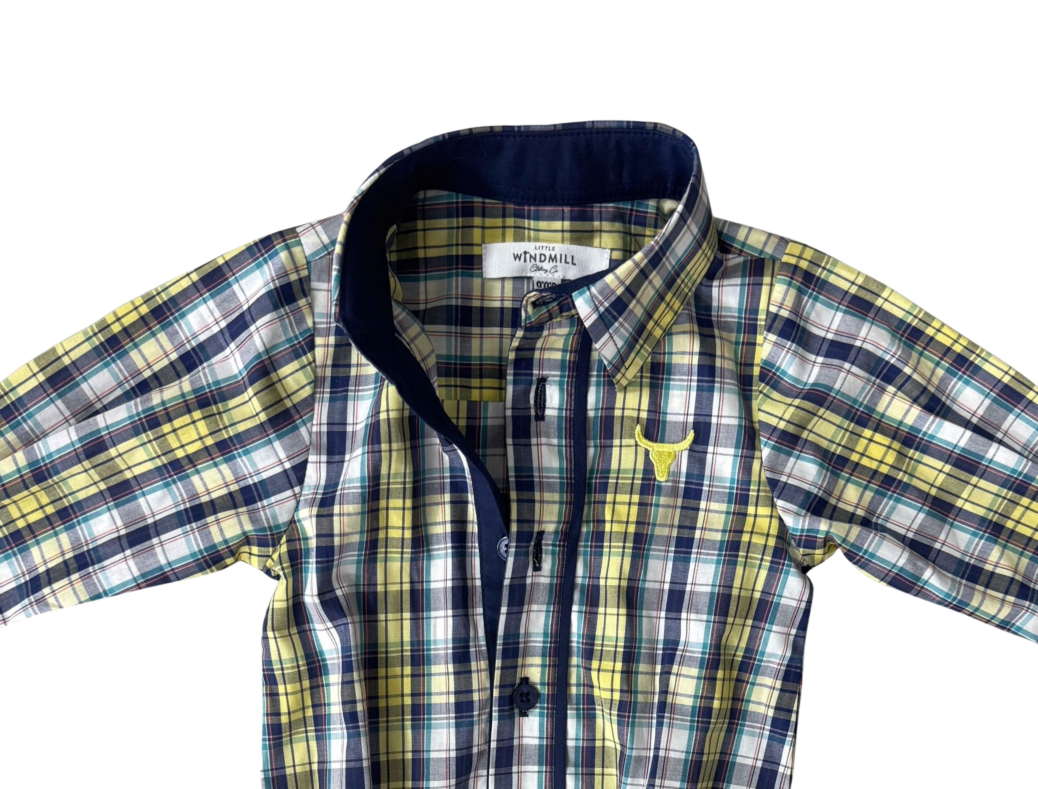 Dale navy glow check long sleeve romper collar detail showing neat neckline finish