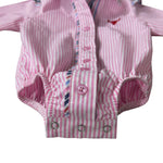 Lara multi stripe pink ruffle long sleeve romper snap detail showing quality press stud closure