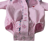 Lara multi stripe pink ruffle long sleeve romper snap detail showing quality press stud closure