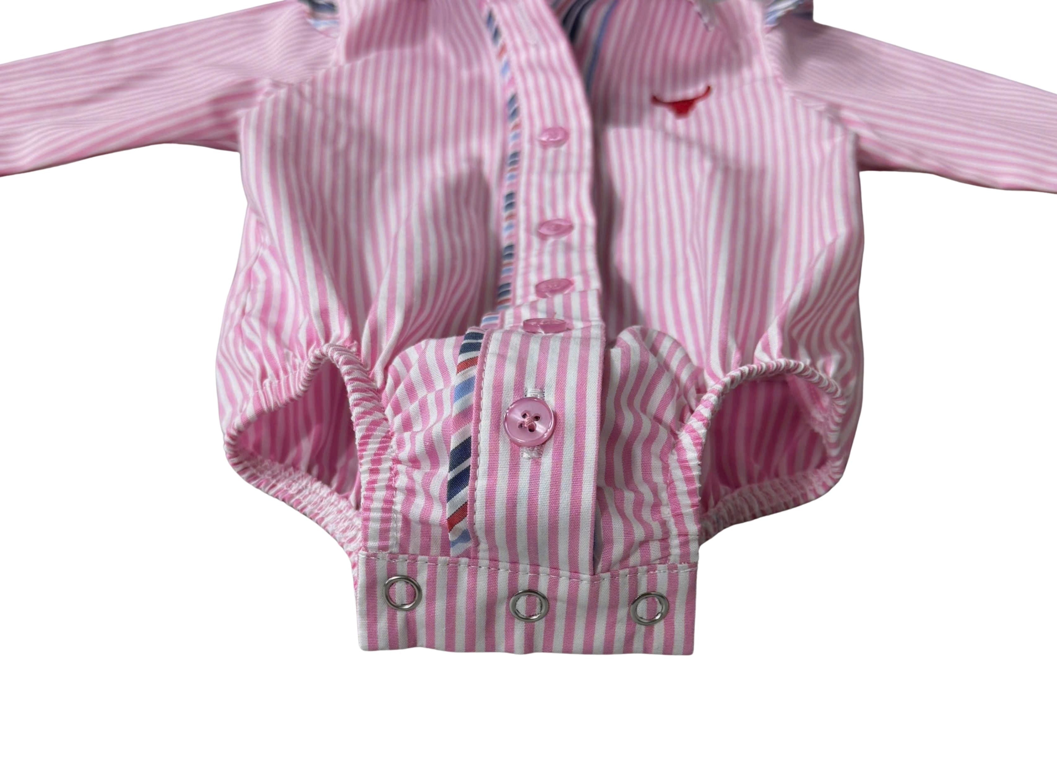 Lara multi stripe pink ruffle long sleeve romper snap detail showing quality press stud closure