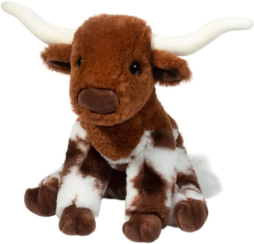 Bixbie soft Texas Long Horn plush cow front view with spotted coat and wide spread horns