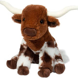 Bixbie soft Texas Long Horn plush cow front view with spotted coat and wide spread horns