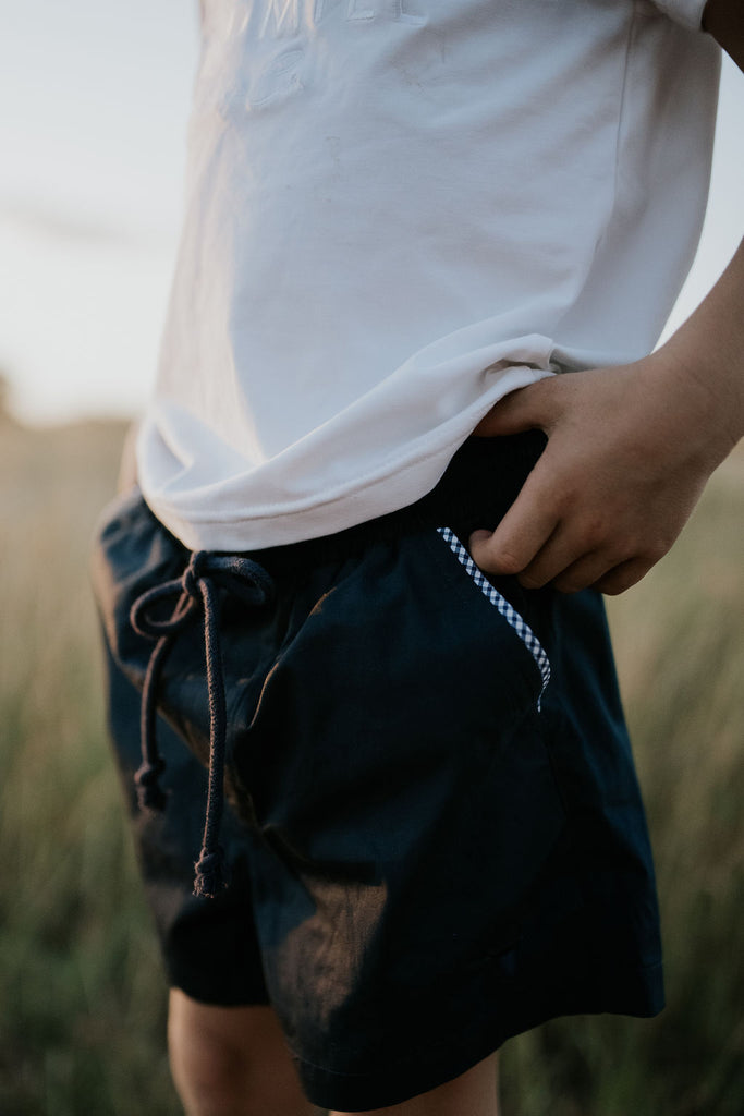 "Must Have" Navy Cotton Detailed Shorts-Little Windmill Clothing Co