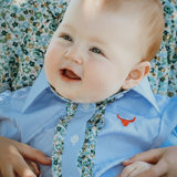 Dasha soft baby blue gingham short sleeve romper back view showing snap closure and soft blue gingham