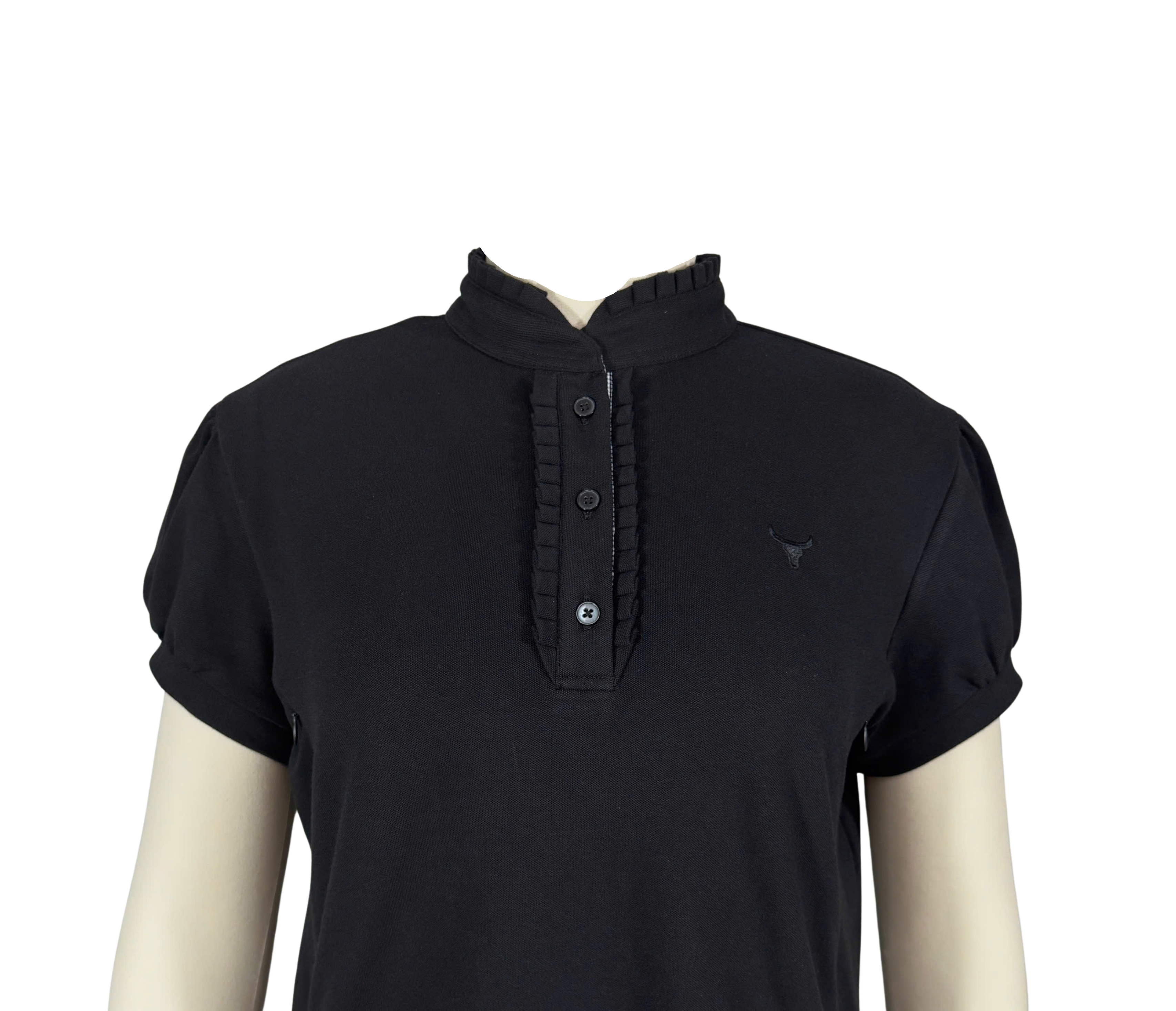 NURSING Kellie ruffle women's black gingham contrast polo collar detail showing polo neckline and button