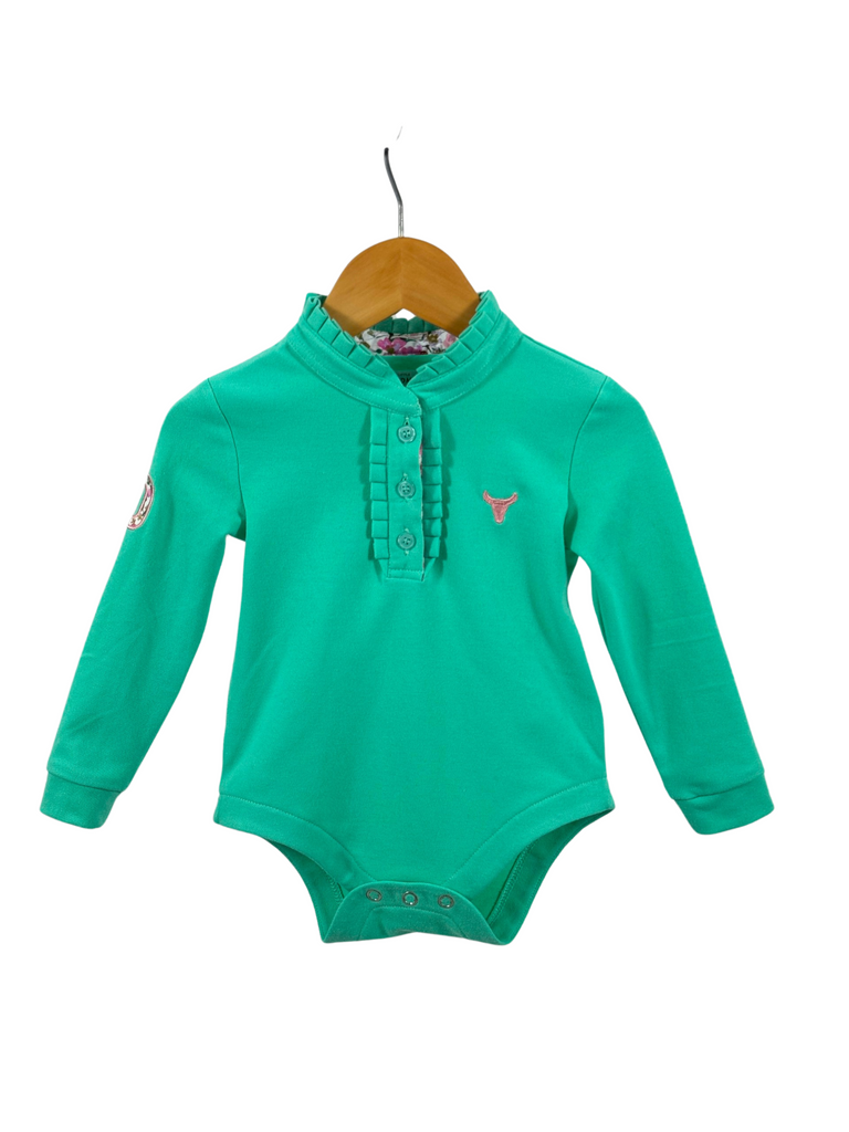 "Jill Baby" Lush Mint Contrast Long Sleeve Baby Polo Romper-Little Windmill Clothing Co