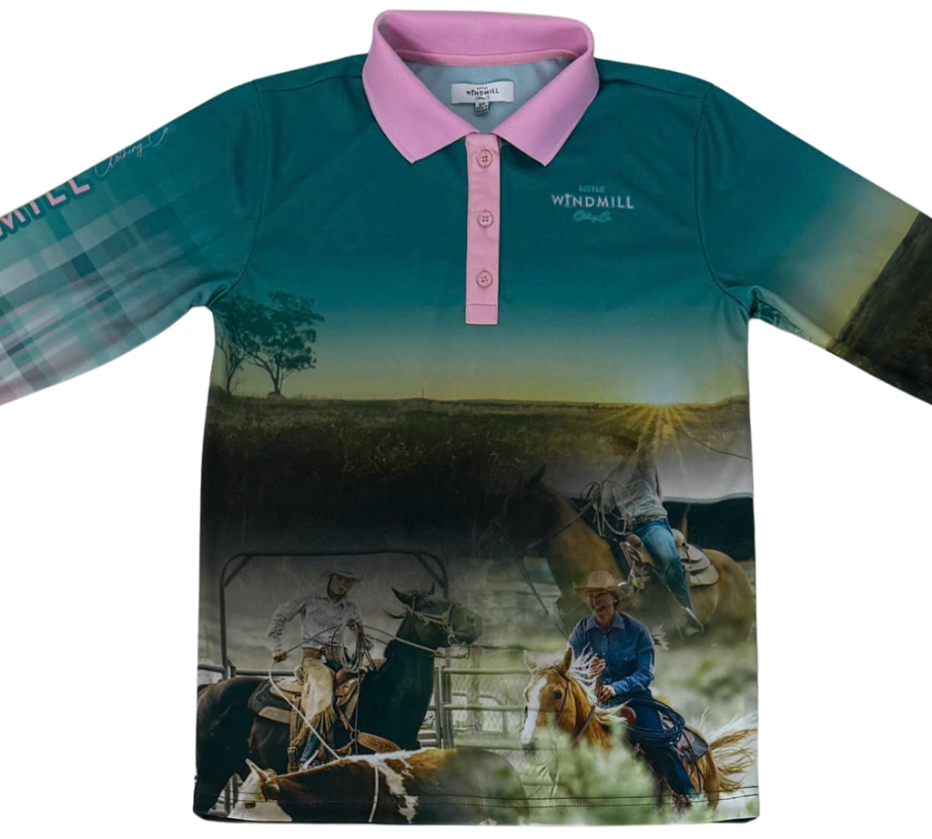 PRE-ORDER Teal Ranchin' Fishing Long Sleeve Shirt-Little Windmill Clothing Co