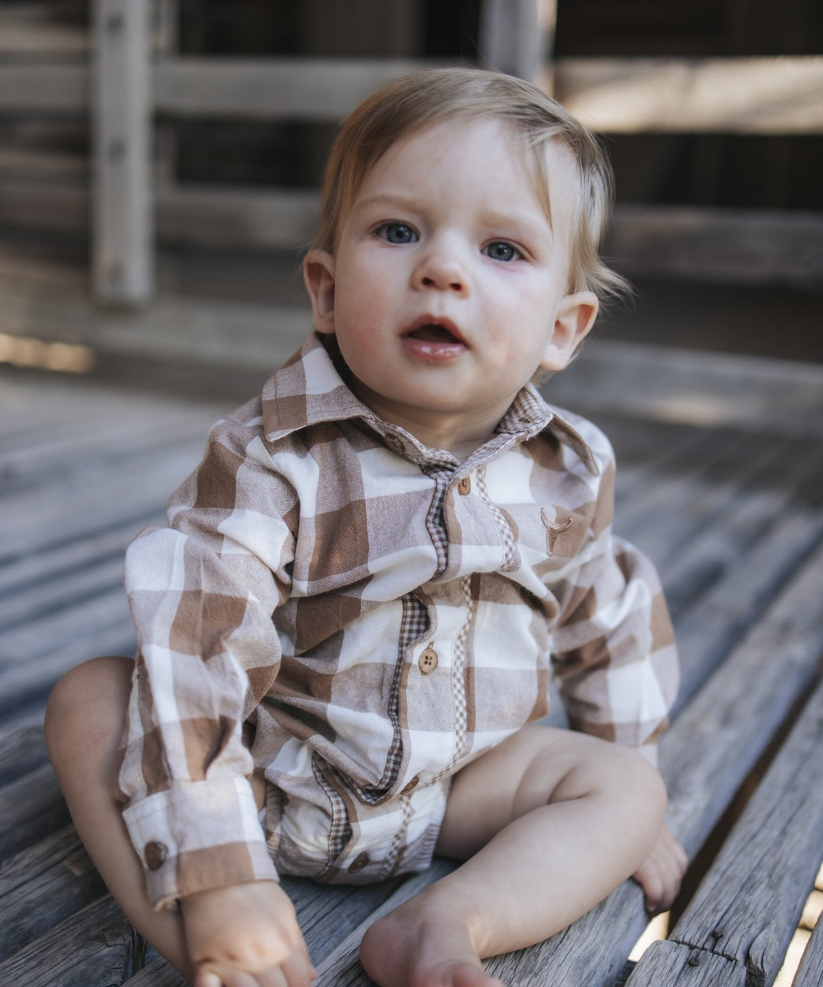 Baby boy brown gingham western bodysuit