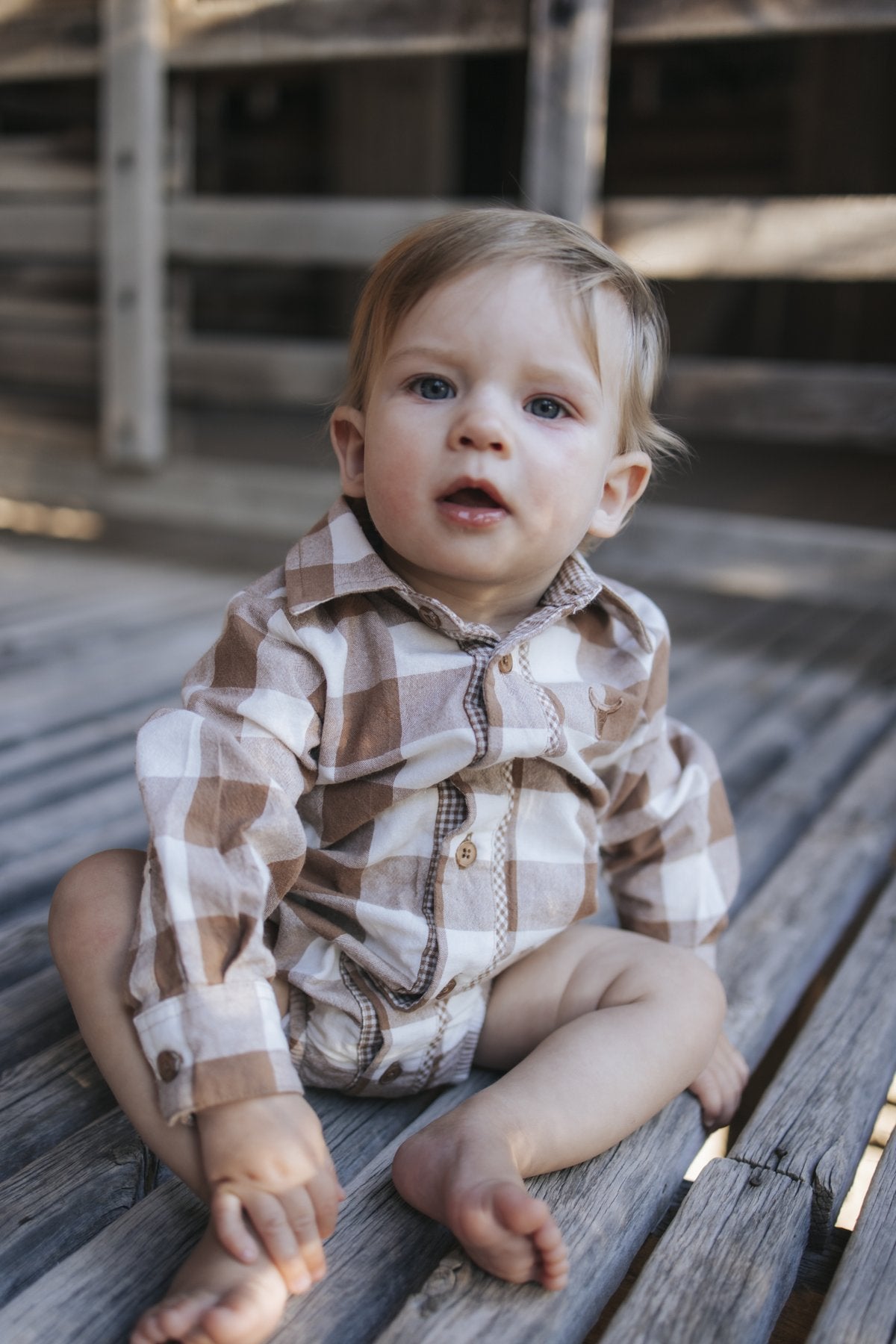 Baby boy brown gingham western bodysuit