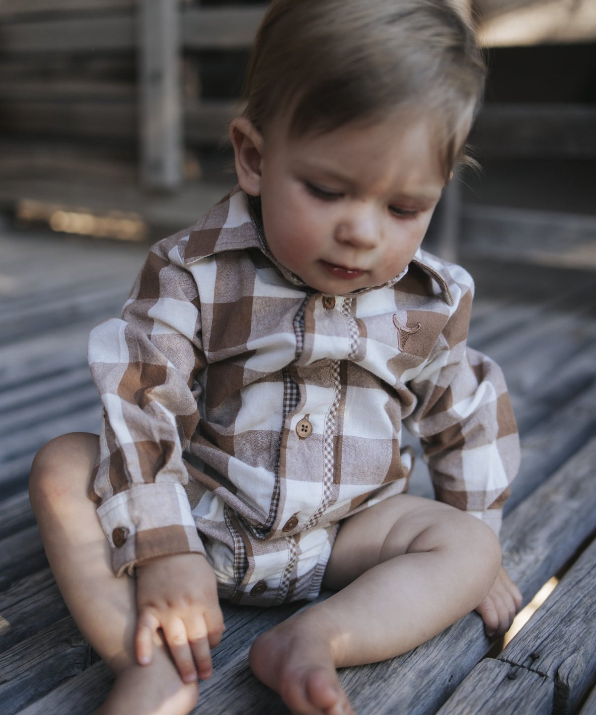 Gingham western bodysuit with collar and button placket
