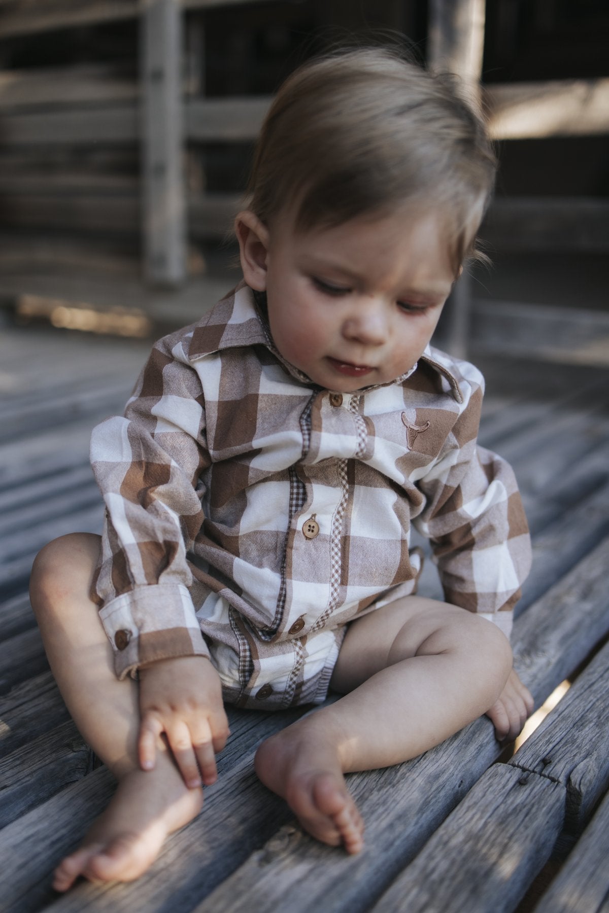Gingham western bodysuit with collar and button placket