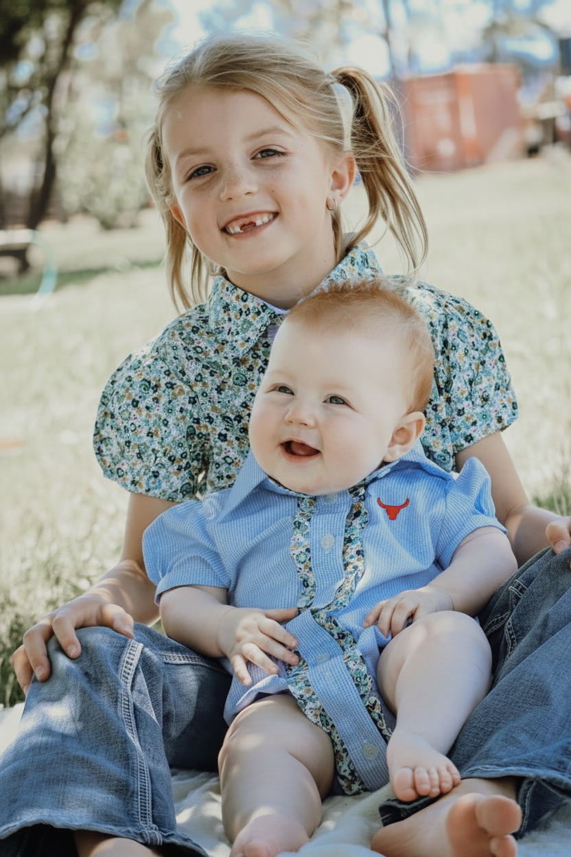 Dasha soft baby blue gingham short sleeve romper flatlay showing full soft blue gingham design