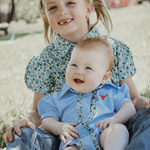 Dasha soft baby blue gingham short sleeve romper flatlay showing full soft blue gingham design