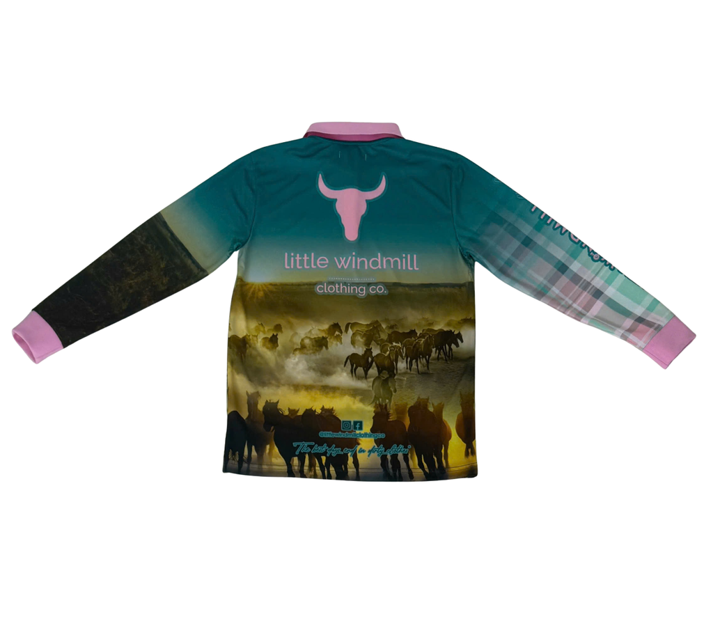 PRE-ORDER Teal Ranchin' Fishing Long Sleeve Shirt-Little Windmill Clothing Co