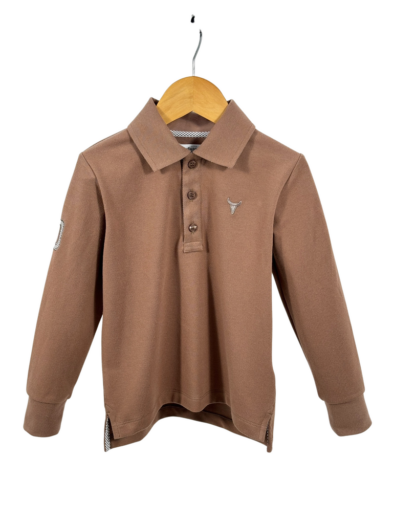 "Barker" Dessert Brown Contrast Long Sleeve Polo-Little Windmill Clothing Co