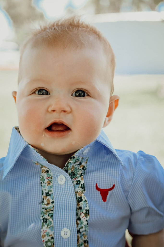 "Dasha" Soft Baby Blue gingham Short Sleeve Romper-Little Windmill Clothing Co