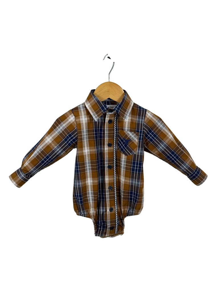 "TJ Baby" Brown Checked Long Sleeve Romper-Little Windmill Clothing Co