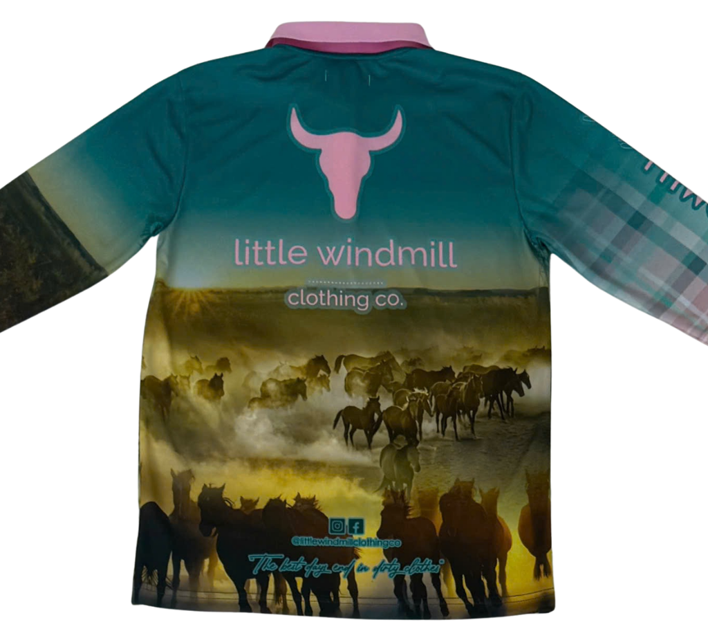 PRE-ORDER Teal Ranchin' Fishing Long Sleeve Shirt-Little Windmill Clothing Co