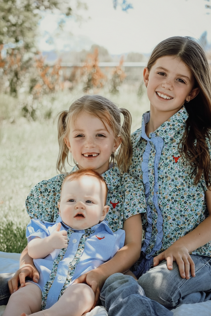 "Dasha" Soft Baby Blue gingham Short Sleeve Romper-Little Windmill Clothing Co