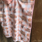 Peach Highlander kids waffle towel detail showing pretty peach highlander print and soft waffle cotton
