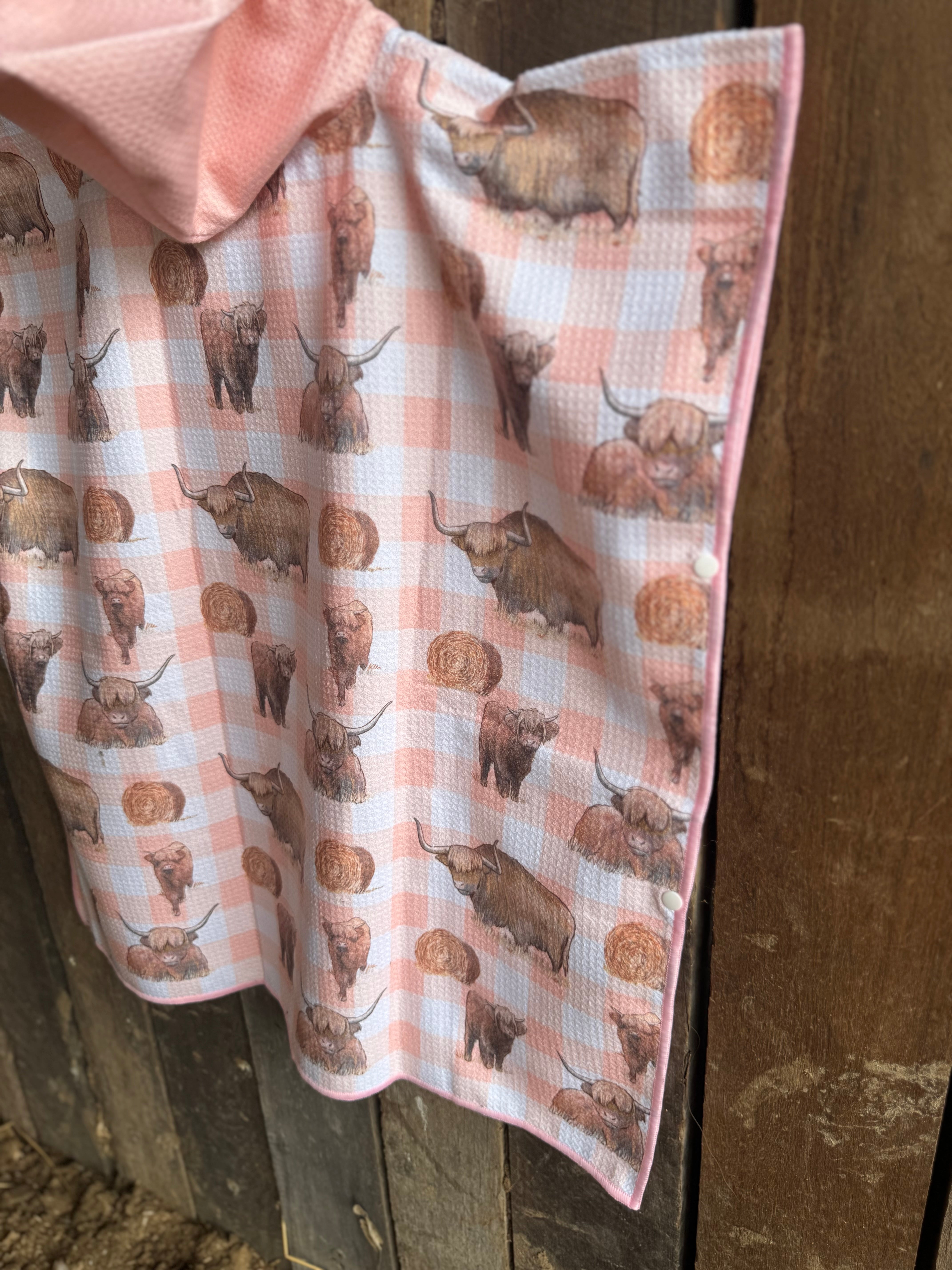 Peach Highlander kids waffle towel detail showing pretty peach highlander print and soft waffle cotton