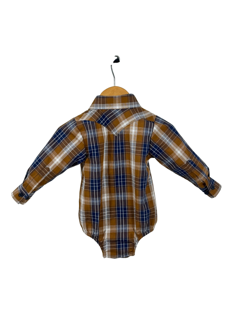 "TJ Baby" Brown Checked Long Sleeve Romper-Little Windmill Clothing Co