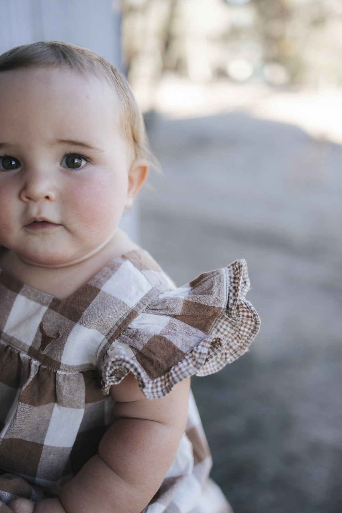 Gingham romper frill sleeve close-up