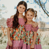 Penelope block twirl dress front view showing vibrant colour block layered twirl dress for girls