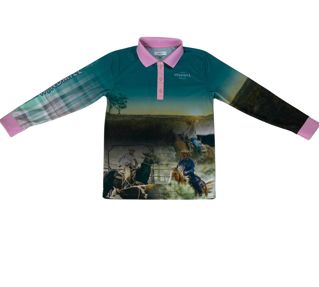 PRE-ORDER Teal Ranchin' Fishing Long Sleeve Shirt-Little Windmill Clothing Co