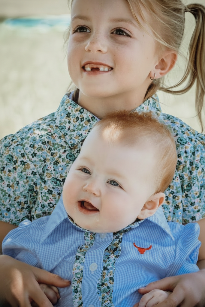 "Dasha" Soft Baby Blue gingham Short Sleeve Romper-Little Windmill Clothing Co