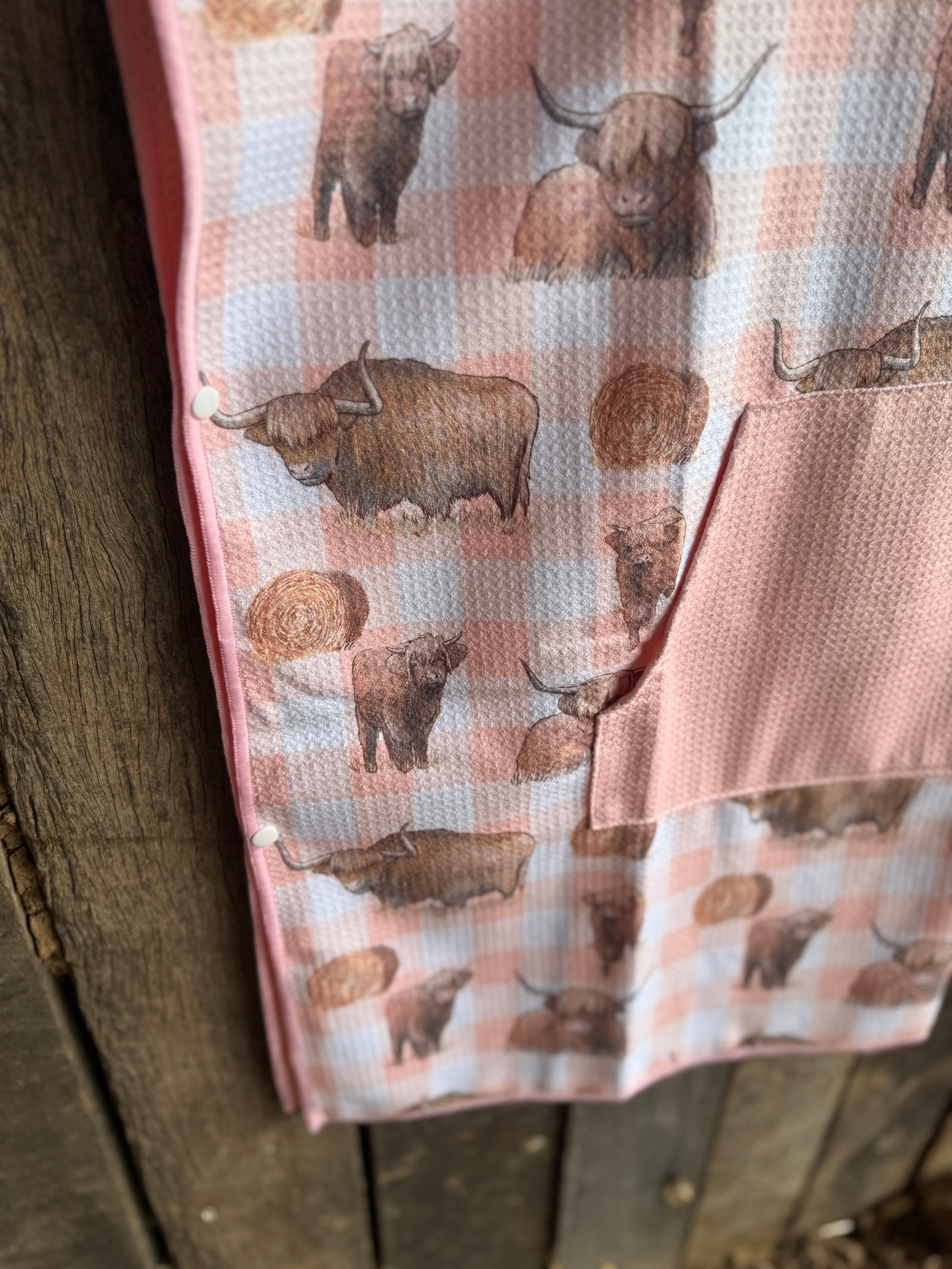 Peach Highlander kids waffle towel flatlay showing full peach highlander print waffle towel