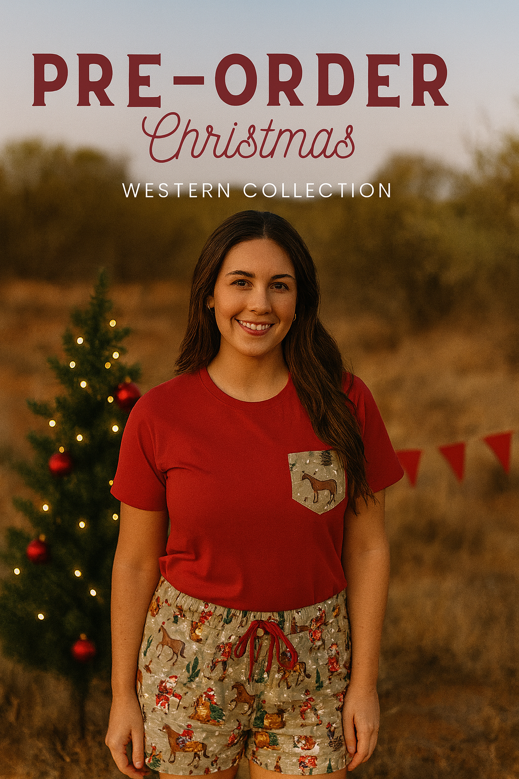 Mens Western Christmas PJ boxer shorts worn showing relaxed fit and festive western holiday print