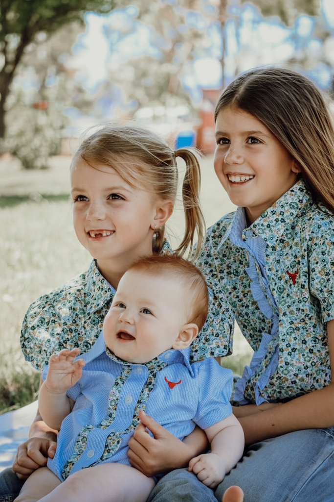 "Dasha" Soft Baby Blue gingham Short Sleeve Romper-Little Windmill Clothing Co