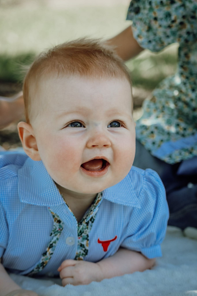 "Dasha" Soft Baby Blue gingham Short Sleeve Romper-Little Windmill Clothing Co