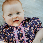 Harlo navy floral short sleeve romper print close-up showing detailed navy floral pattern