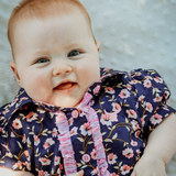 Harlo navy floral short sleeve romper print close-up showing detailed navy floral pattern