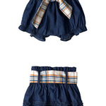 Monica denim baby bloomers with check tie flatlay showing denim and gingham check tie detail