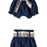 Monica denim baby bloomers with check tie flatlay showing denim and gingham check tie detail